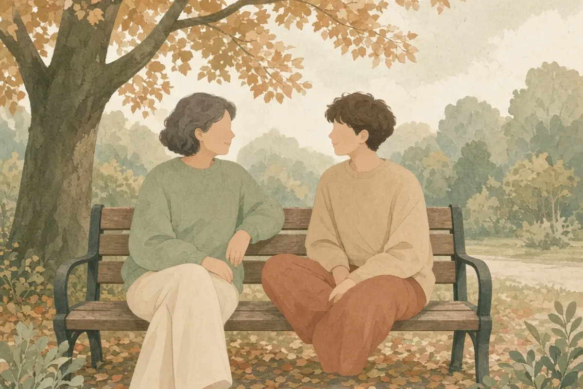 والد و نوجوان کنار هم روی نیمکت پارک نشسته‌اند و آرام درباره حال نوجوان صحبت می‌کنند